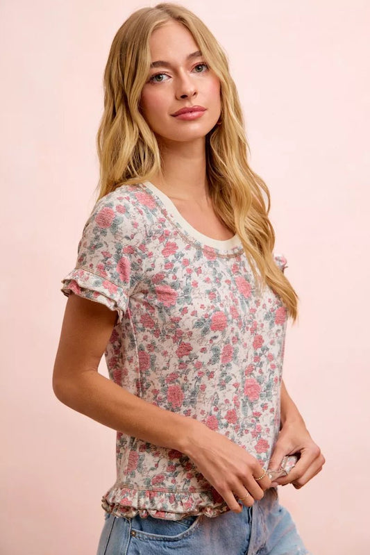 BiBi Rose Printed Slub Knit Ruffled Sleeves Top - Bitsy Gypsy Boutique