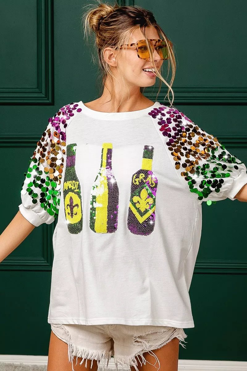 BiBi Sequin Mardi Gras Bottles Spangled Sleeve Top - Bitsy Gypsy Boutique