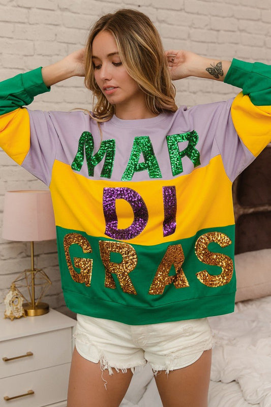BiBi Sequin Mardi Gras Lettering Color Block Sweatshirt - Bitsy Gypsy Boutique
