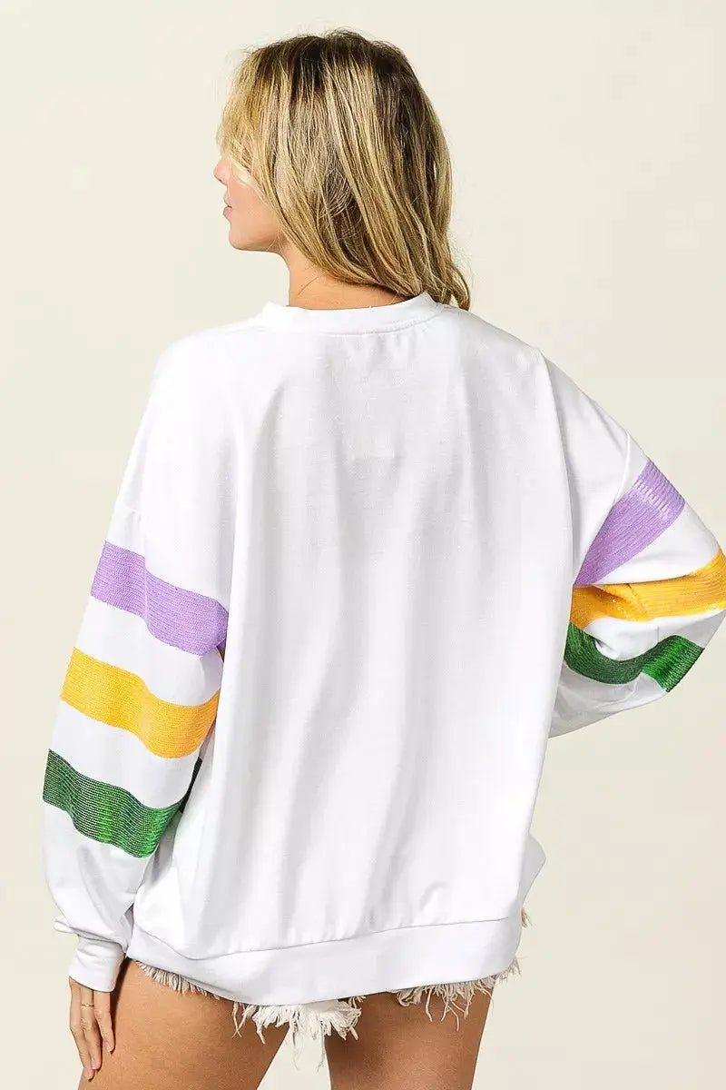 BiBi Sequin Mardi Gras Striped Round Neck Sweatshirt by Trendsi