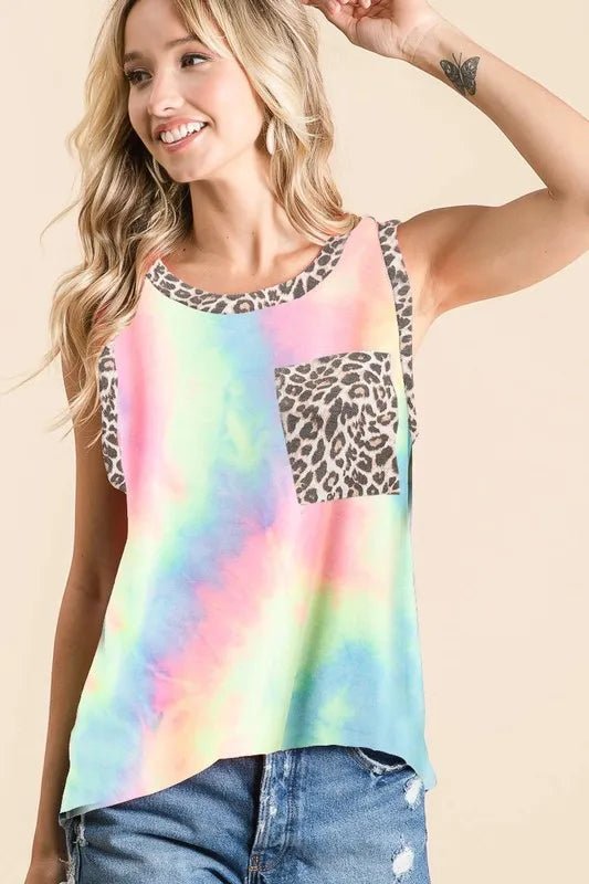 BiBi Sleeveless Tie Dye Top With Leopard Band - Bitsy Gypsy Boutique