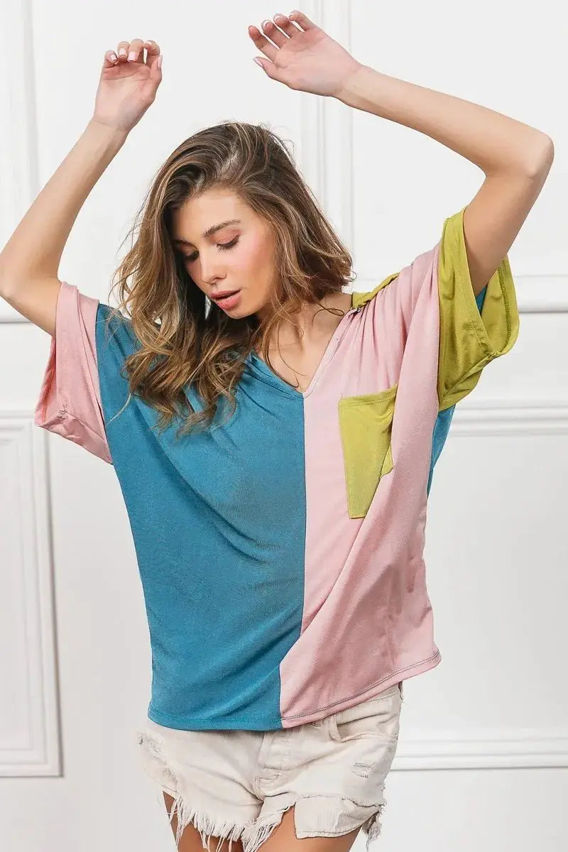 BiBi Slinky Knit Color Block V Neck Front Top by Trendsi