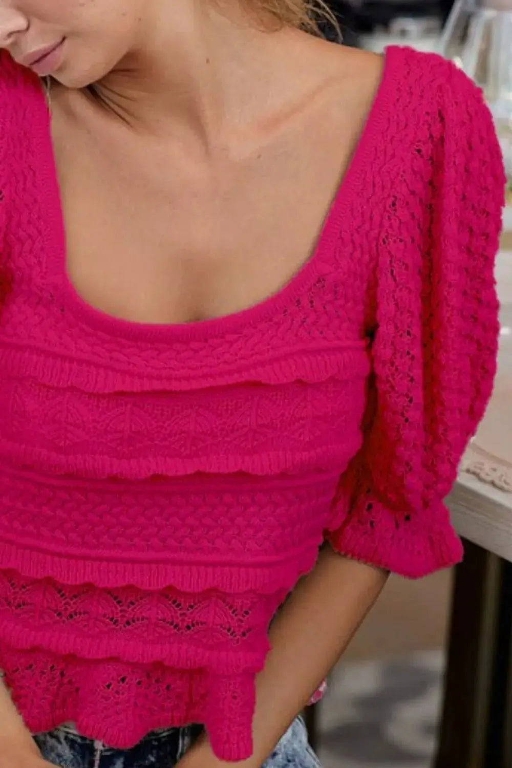 BiBi Square Neckline with Puff Sleeve Crochet Top by Trendsi