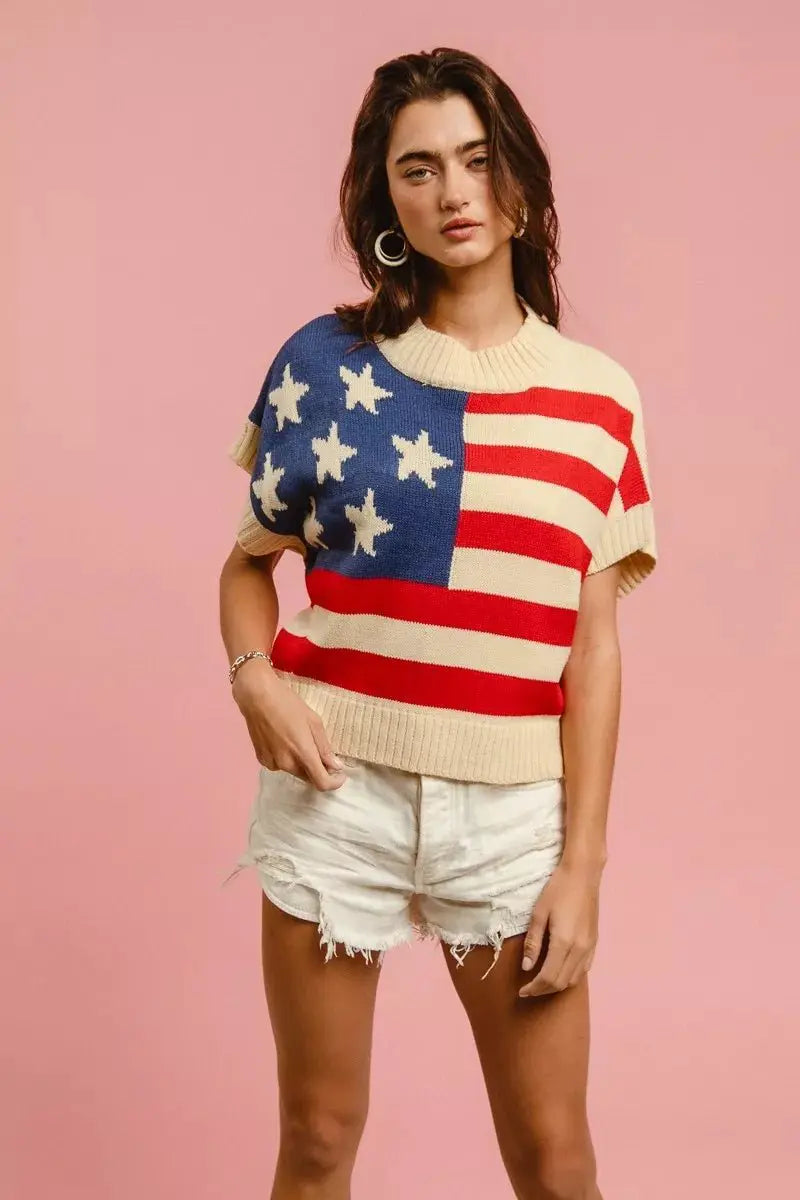 BiBi Star Patches American Flag Sleeveless Sweater by Trendsi