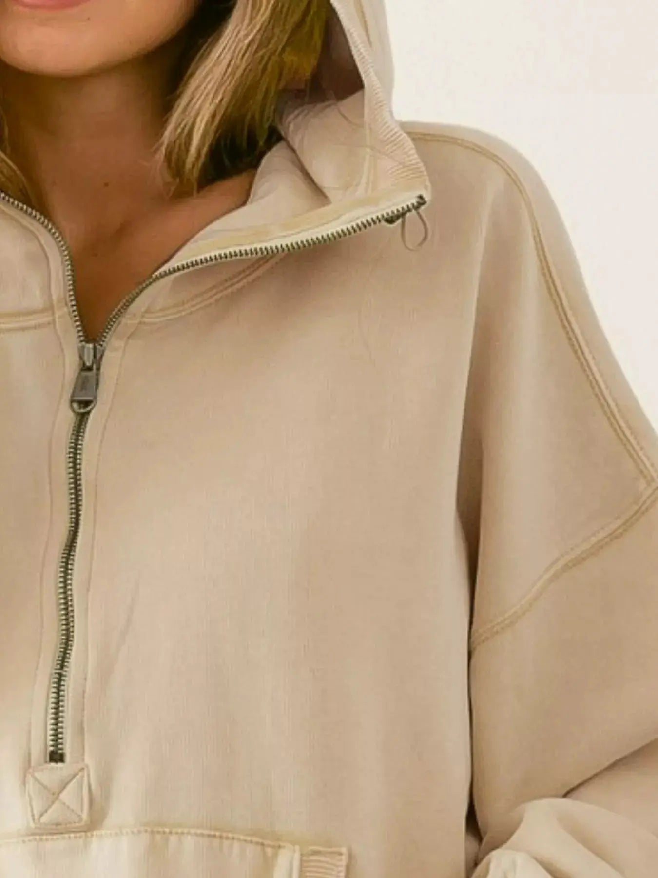BiBi Stitch Detailed Elastic Hem Half Zip Fleece Hoodie by Trendsi
