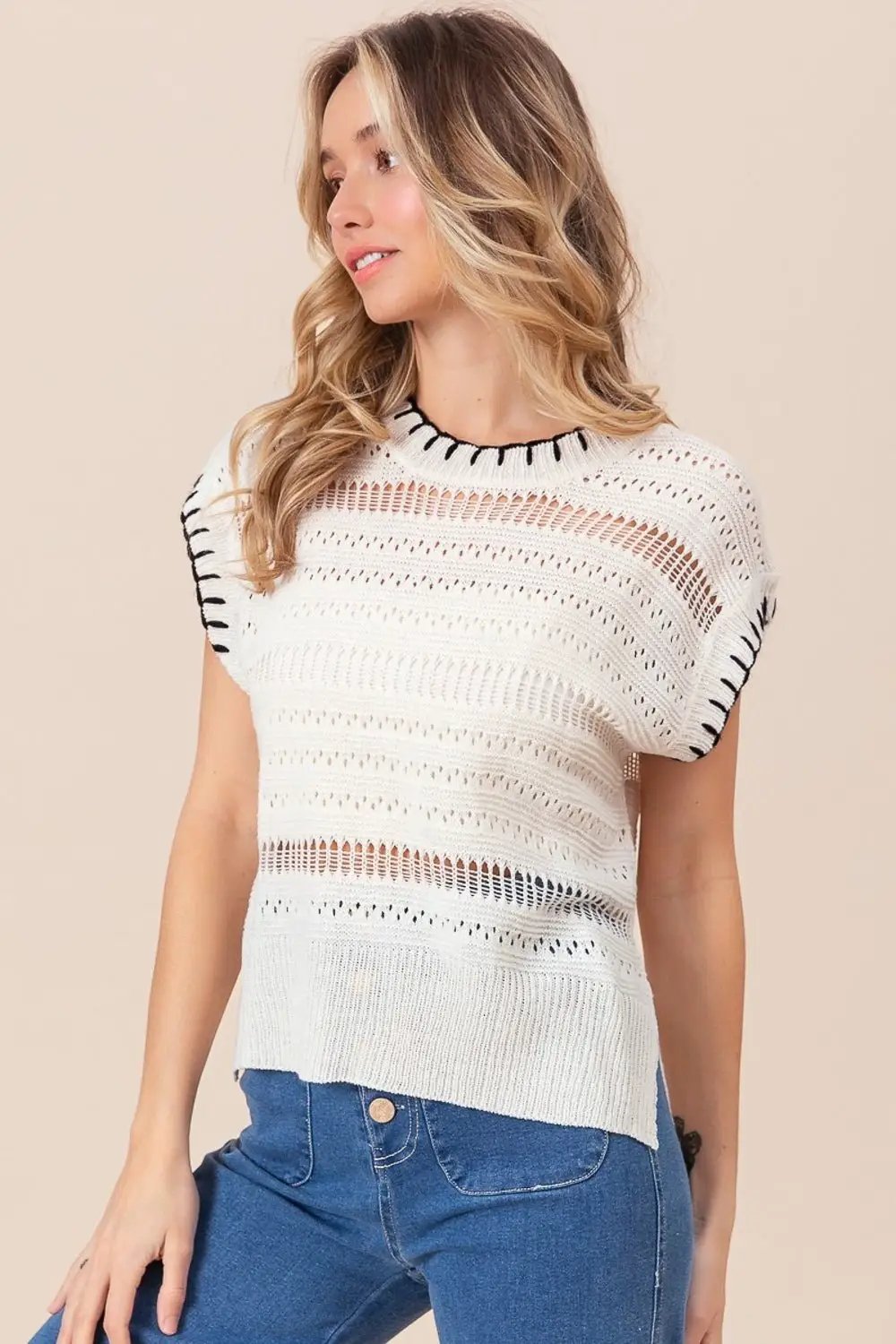 BiBi Stitch Edge Pointelle Side Slit Sweater Vest by Trendsi