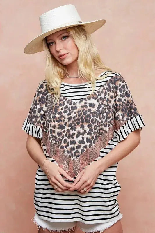 BiBi Stripe Rayon Span Knit Color Block Top With Leopard by Trendsi