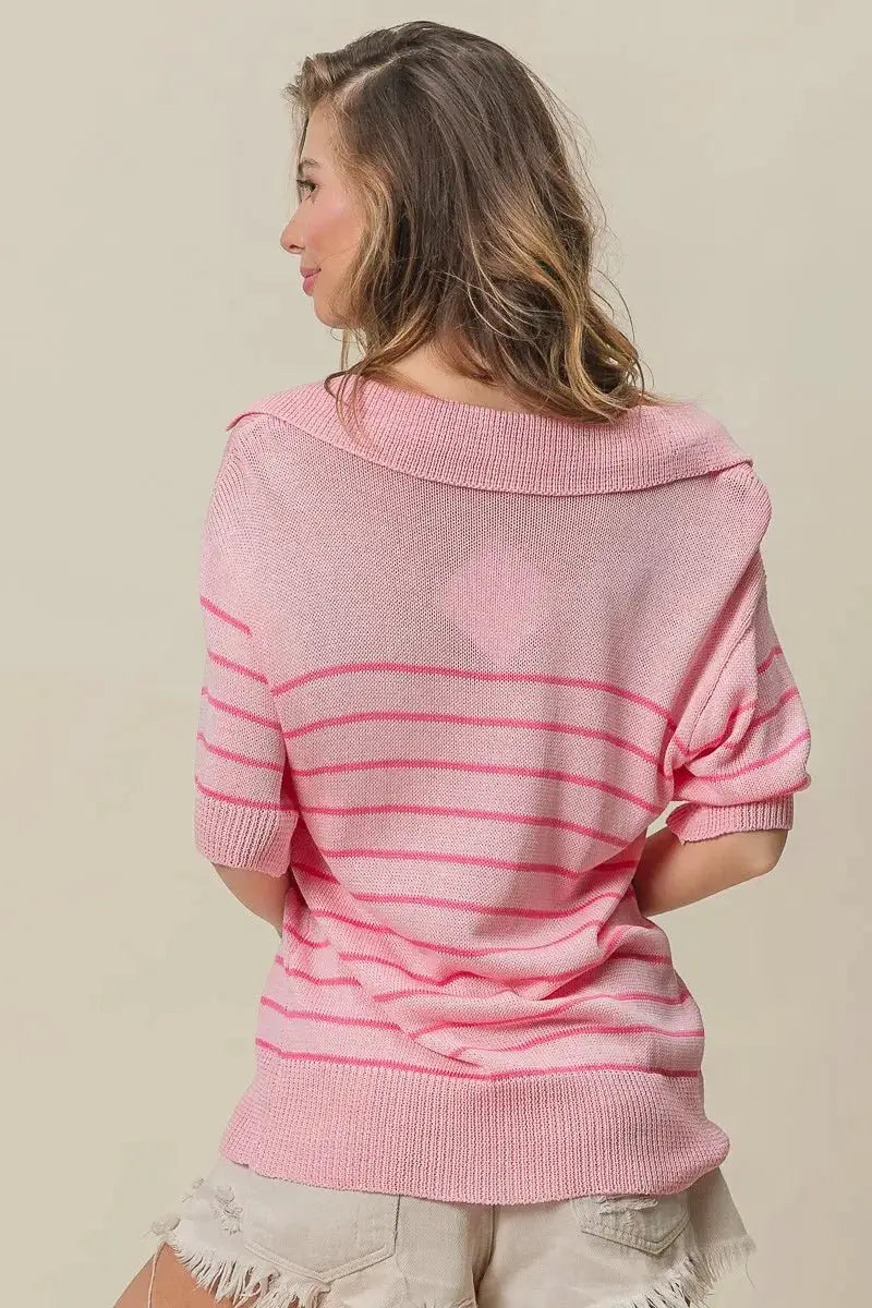 BiBi Stripe Short Sleeves Collared V Neck Top by Trendsi