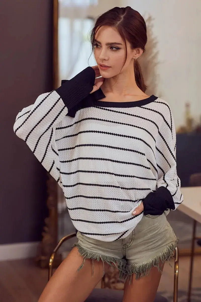 BiBi Stripe Yarn Dye Waffle One Shoulder Ribbon Detail Top by Trendsi
