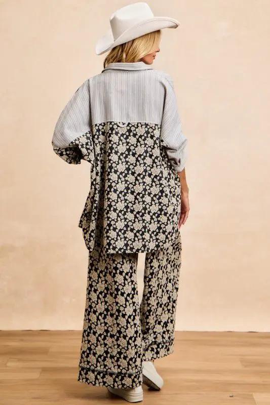 BiBi Stripes Jacquard Floral Mix And Match Shirt Top by Trendsi