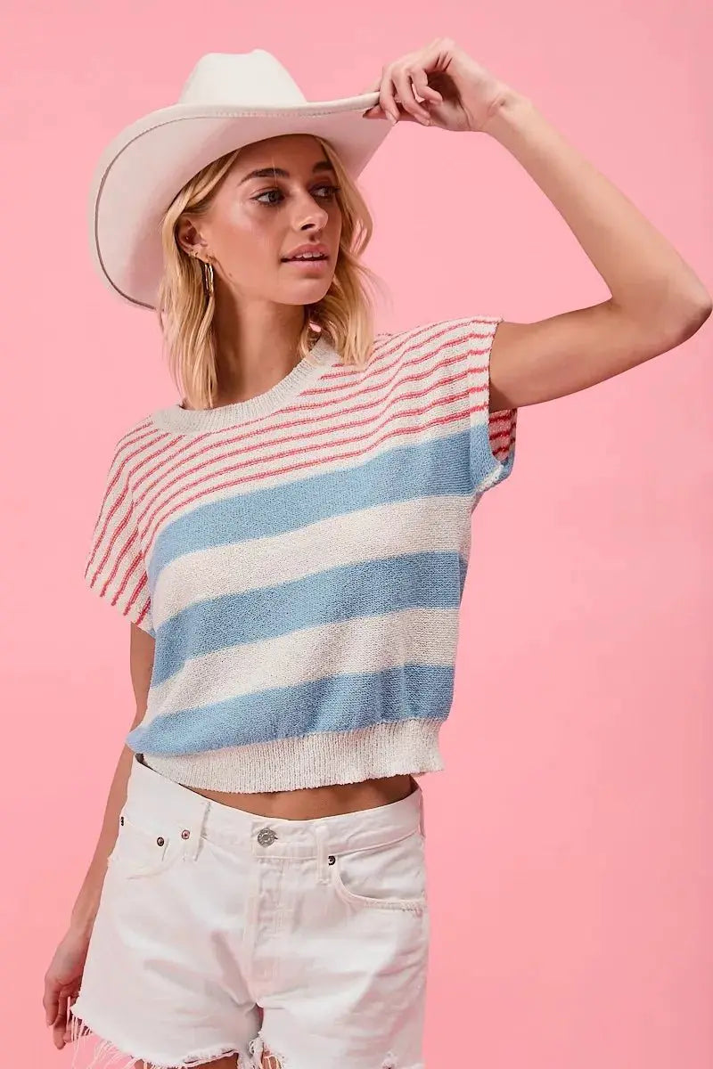 BiBi Stripes Lightweight Short Sleeve Sweater by Trendsi