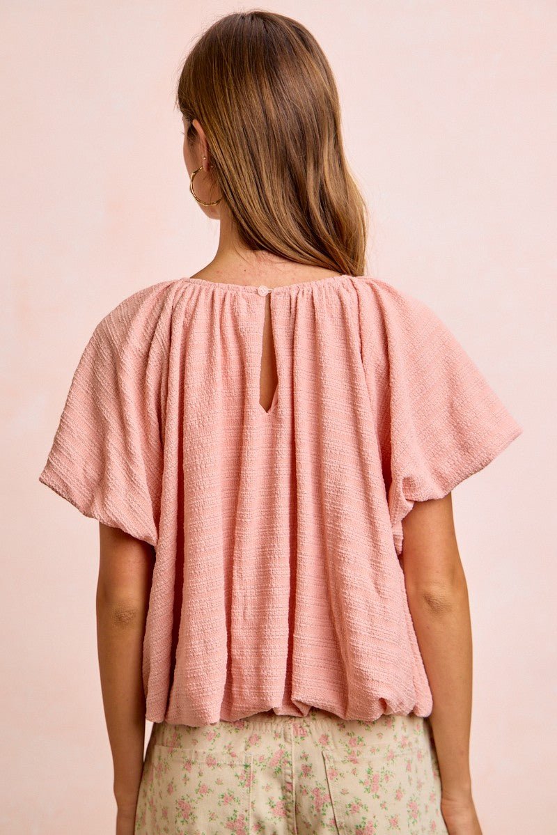 BiBi Stripes Textured Shirred Neckline Bubble Hem Top - Bitsy Gypsy Boutique
