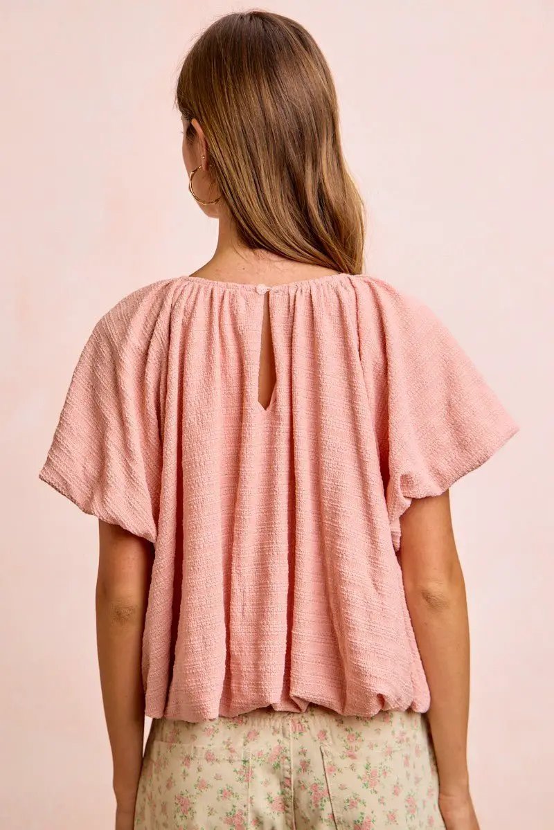 BiBi Stripes Textured Shirred Neckline Bubble Hem Top by Trendsi