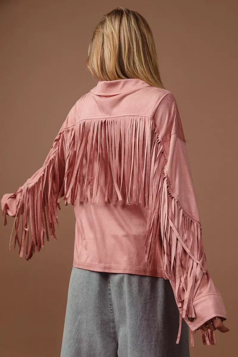 BiBi Suede Fringe Long Sleeve Jacket - Bitsy Gypsy Boutique