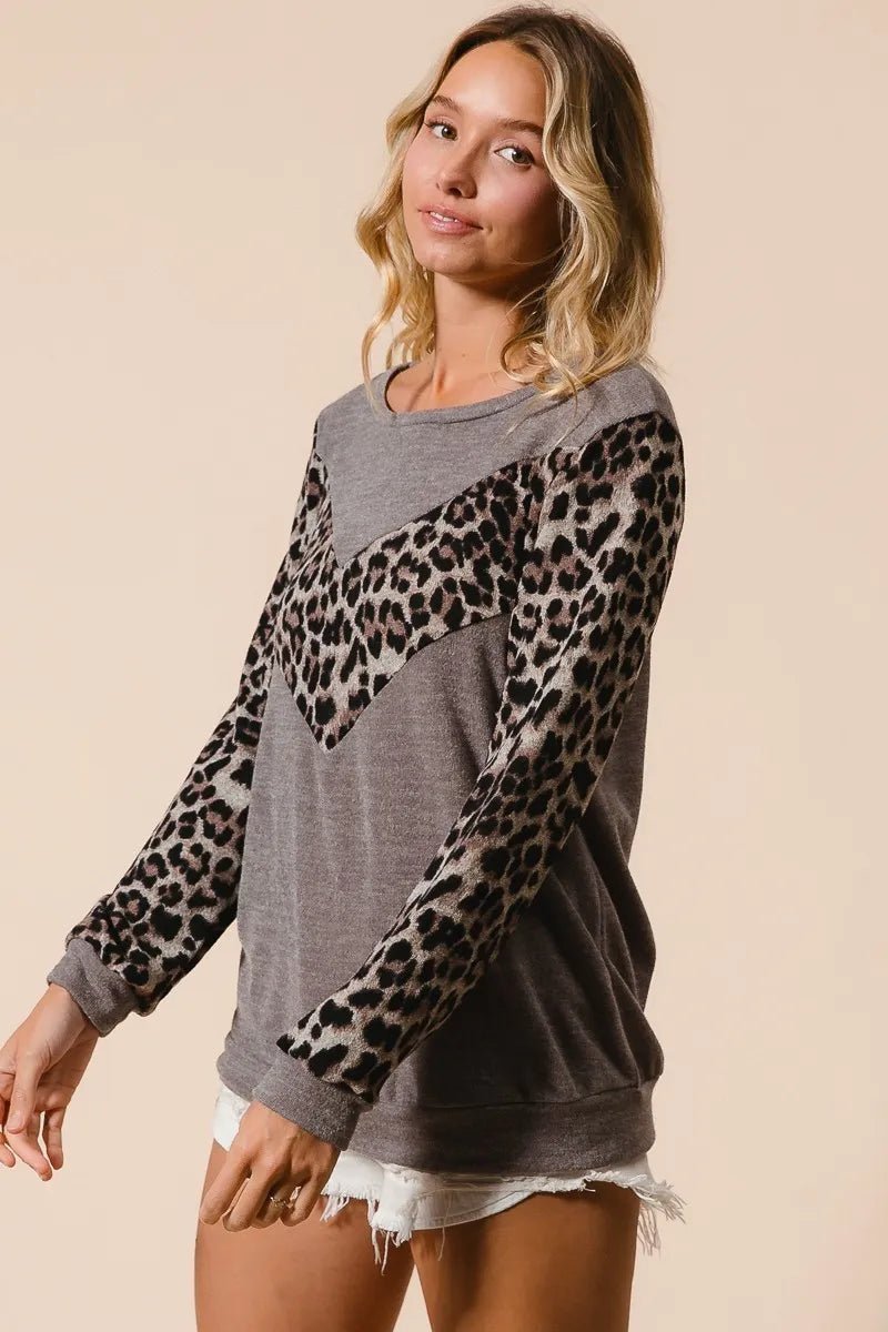 BiBi Sweater Knit Top With Leopard V Shape Block - Bitsy Gypsy Boutique