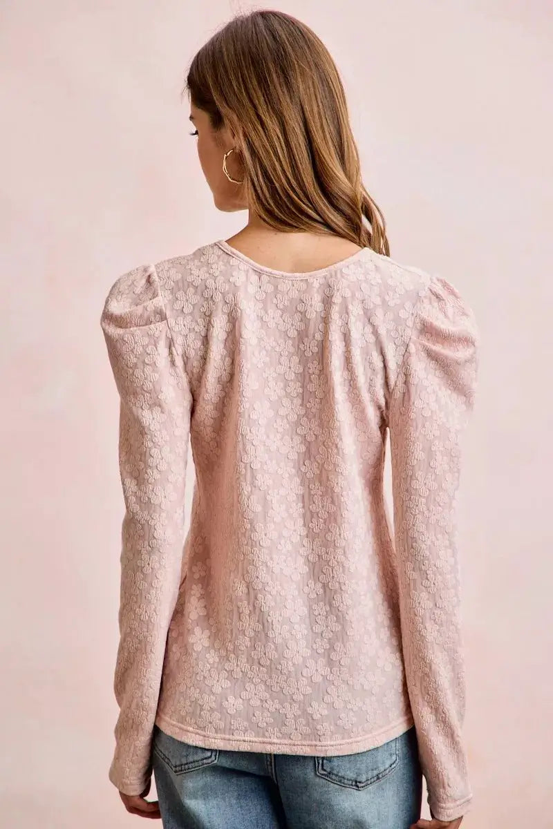 BiBi Textured Flower Knit Puff Shoulder Top by Trendsi