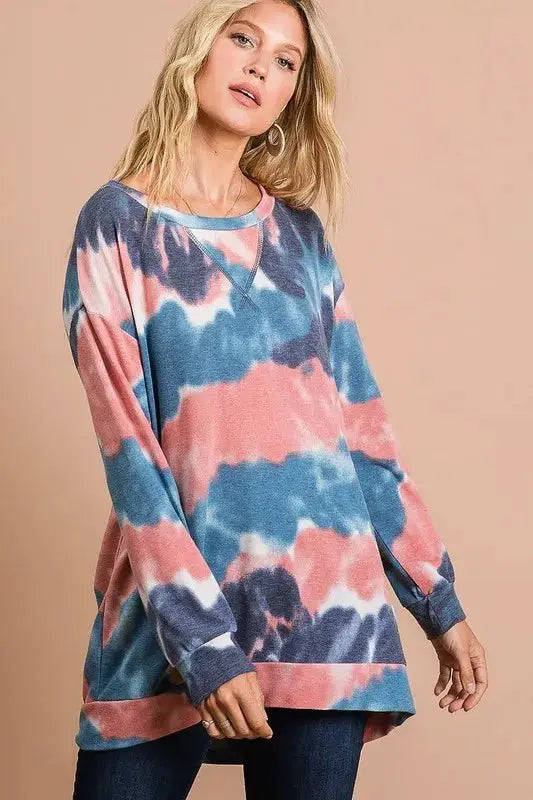 BiBi Tie Dye French Terry Pull Over with Front Stitching Detail by Trendsi