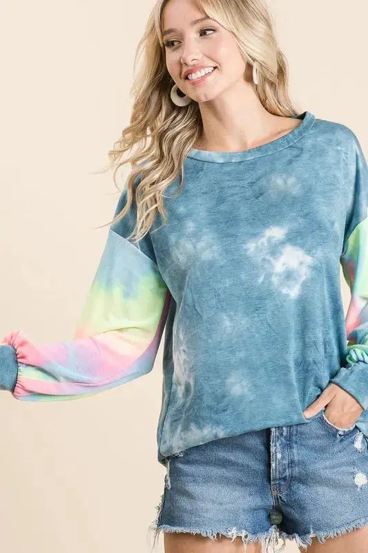 BiBi Tie Dye French Terry Top With Contrast Tie Dye by Trendsi
