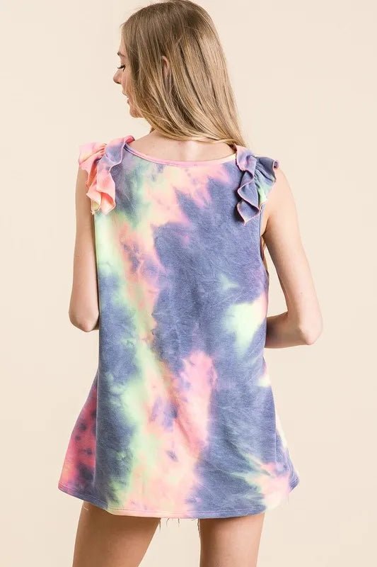 BiBi Tie Dye French Terry V Neck Top with Ruffle - Bitsy Gypsy Boutique