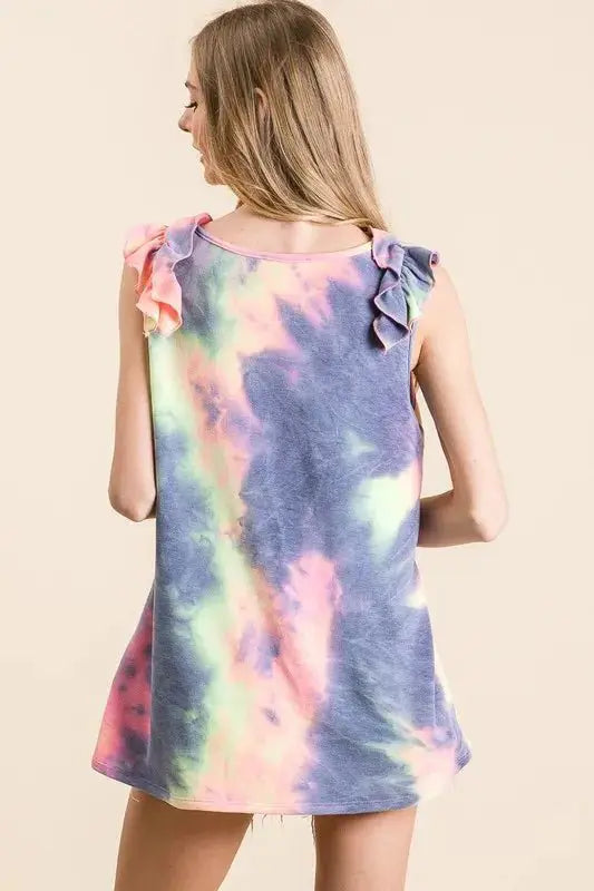 BiBi Tie Dye French Terry V Neck Top with Ruffle by Trendsi