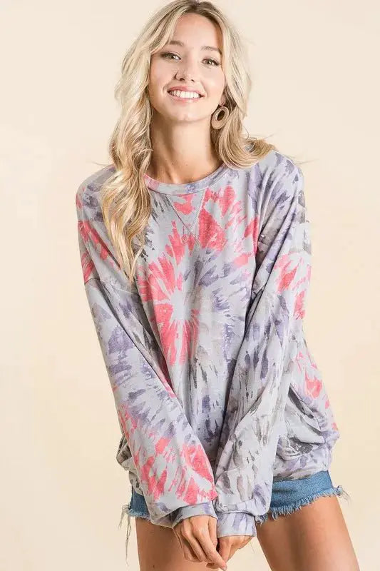 BiBi Tie Dye Print Terry Pull Over by Trendsi
