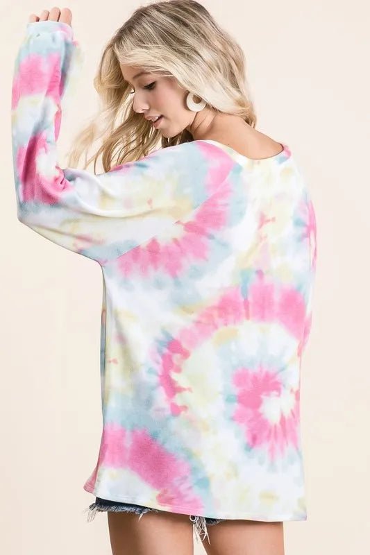 BiBi Tie Dye Print Terry Top With Puff Sleeves - Bitsy Gypsy Boutique