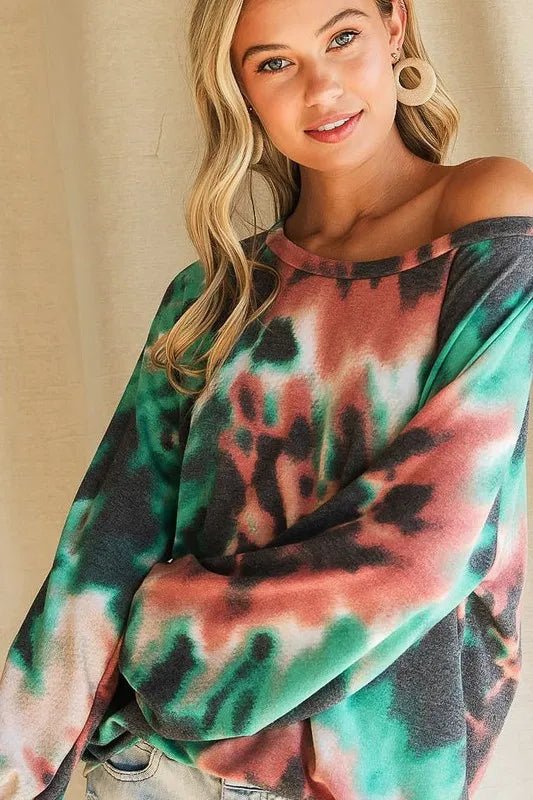 BiBi Tie Dye Print Terry Top with Puff Sleeves - Bitsy Gypsy Boutique