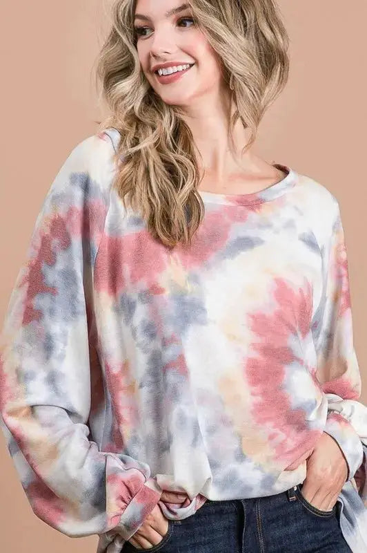 BiBi Tie Dye Print Terry Top With Puff Sleeves by Trendsi