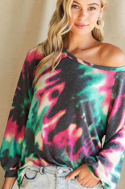 BiBi Tie Dye Print Terry Top with Puff Sleeves - Bitsy Gypsy Boutique