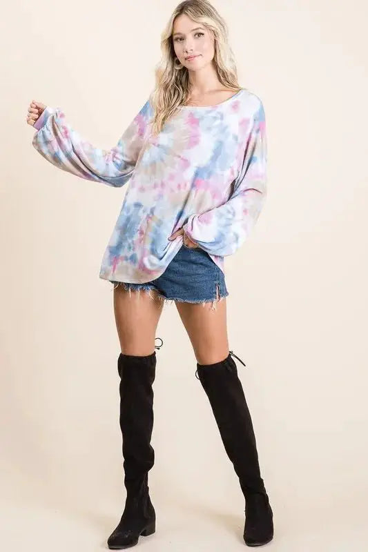 BiBi Tie Dye Print Terry Top With Puff Sleeves by Trendsi