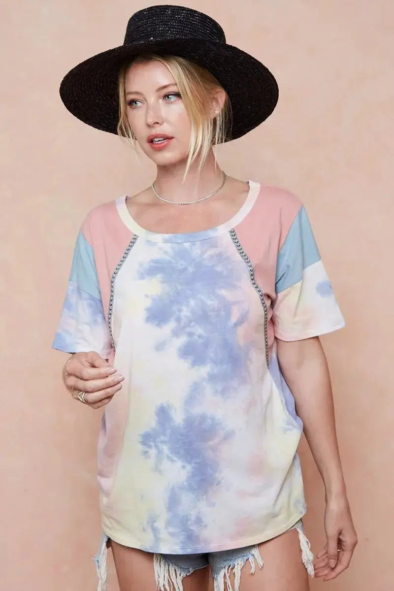 BiBi Tie Dye Printed Cotton Color Block T-Shirt by Trendsi