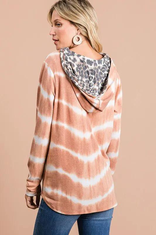 BiBi Tie Dye Stripe Terry Drawstring Hoodie With Leopard by Trendsi