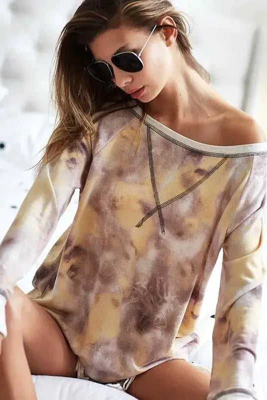 BiBi Tie Dye Terry Pull Over With Contrast Stitching by Trendsi