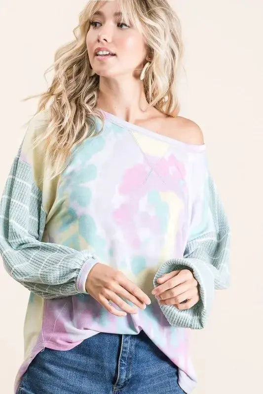 BiBi Tie Dye Terry Top with Wide Stripe Thermal Waffle by Trendsi