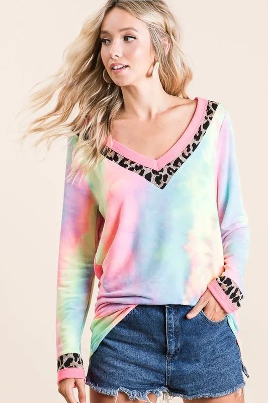 BiBi Tie Dye Terry V - Neck Top - Bitsy Gypsy Boutique