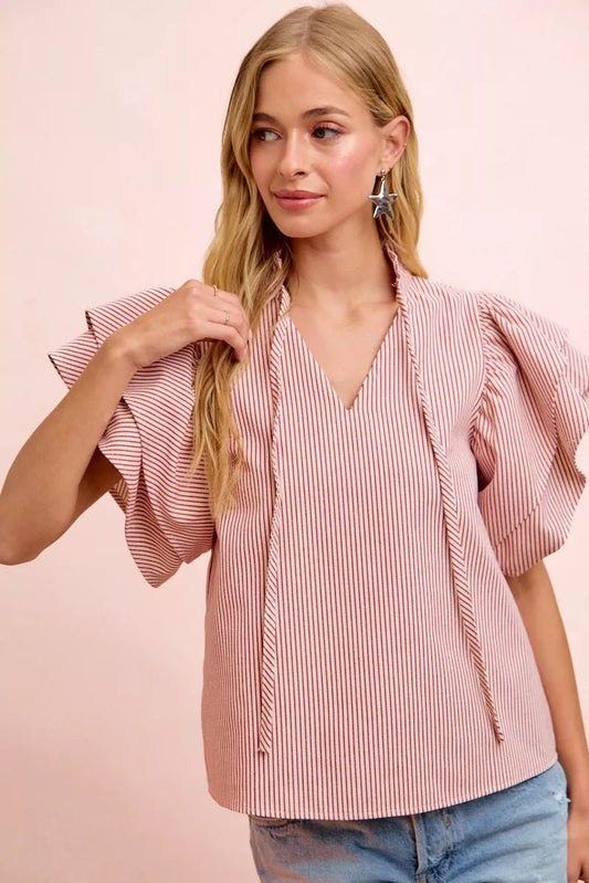 BiBi Twill Striped Ruffle Sleeve Blouse - Bitsy Gypsy Boutique