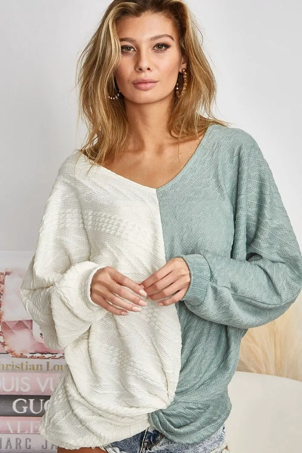 BiBi Twist Front Contrast Cable Knit Top by Trendsi
