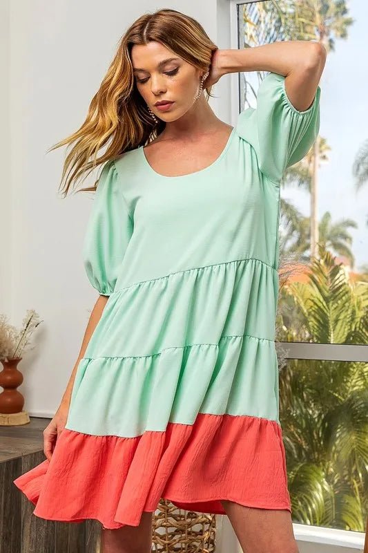 BiBi Two - Tone Balloon Sleeves U Neck Tiered Ruffle Hem Mini Dress - Bitsy Gypsy Boutique