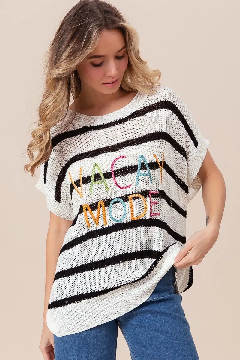 BiBi Vacay Mode Lettering Drop Shoulder Striped Sweater - Bitsy Gypsy Boutique