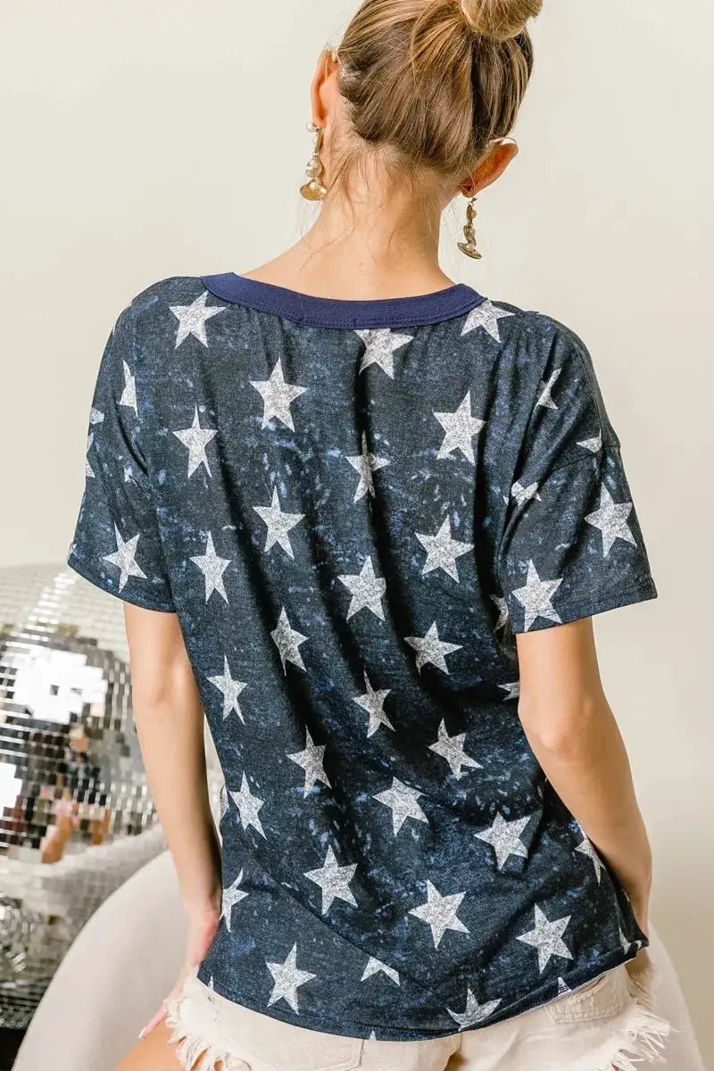 BiBi Vintage Star Print Top With Contrast Caged Neck by Trendsi