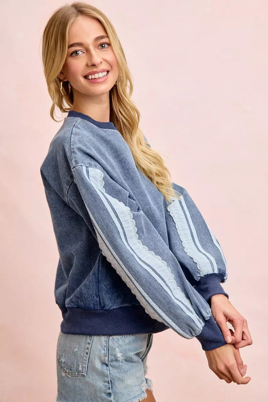 BiBi Washed Denim Lace Contrast Sided Sweatshirt - Bitsy Gypsy Boutique