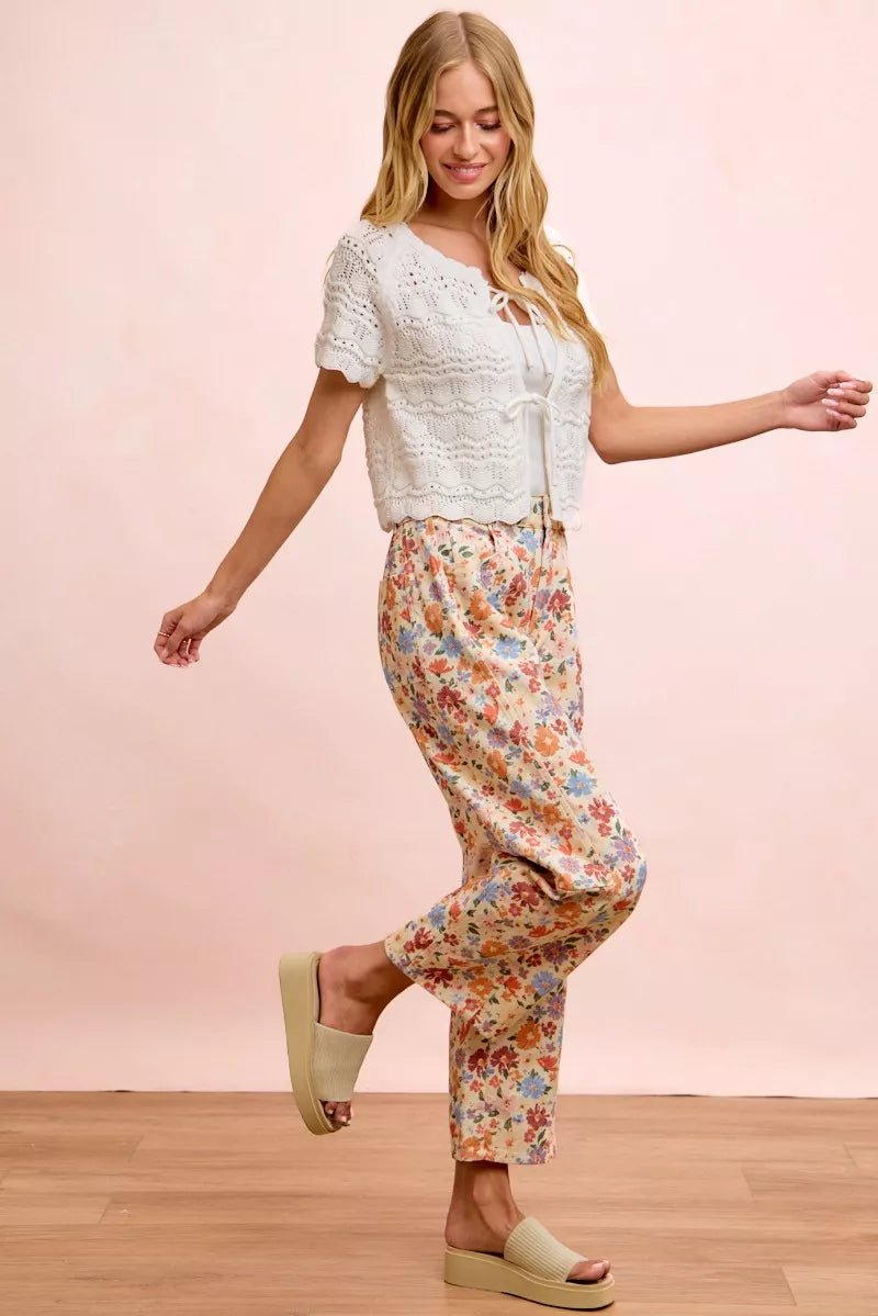 BiBi Washed Floral Printed Twill Barrel Pants - Bitsy Gypsy Boutique