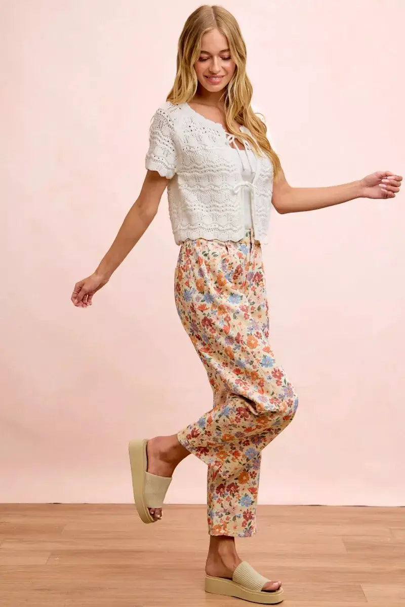 BiBi Washed Floral Printed Twill Barrel Pants by Trendsi