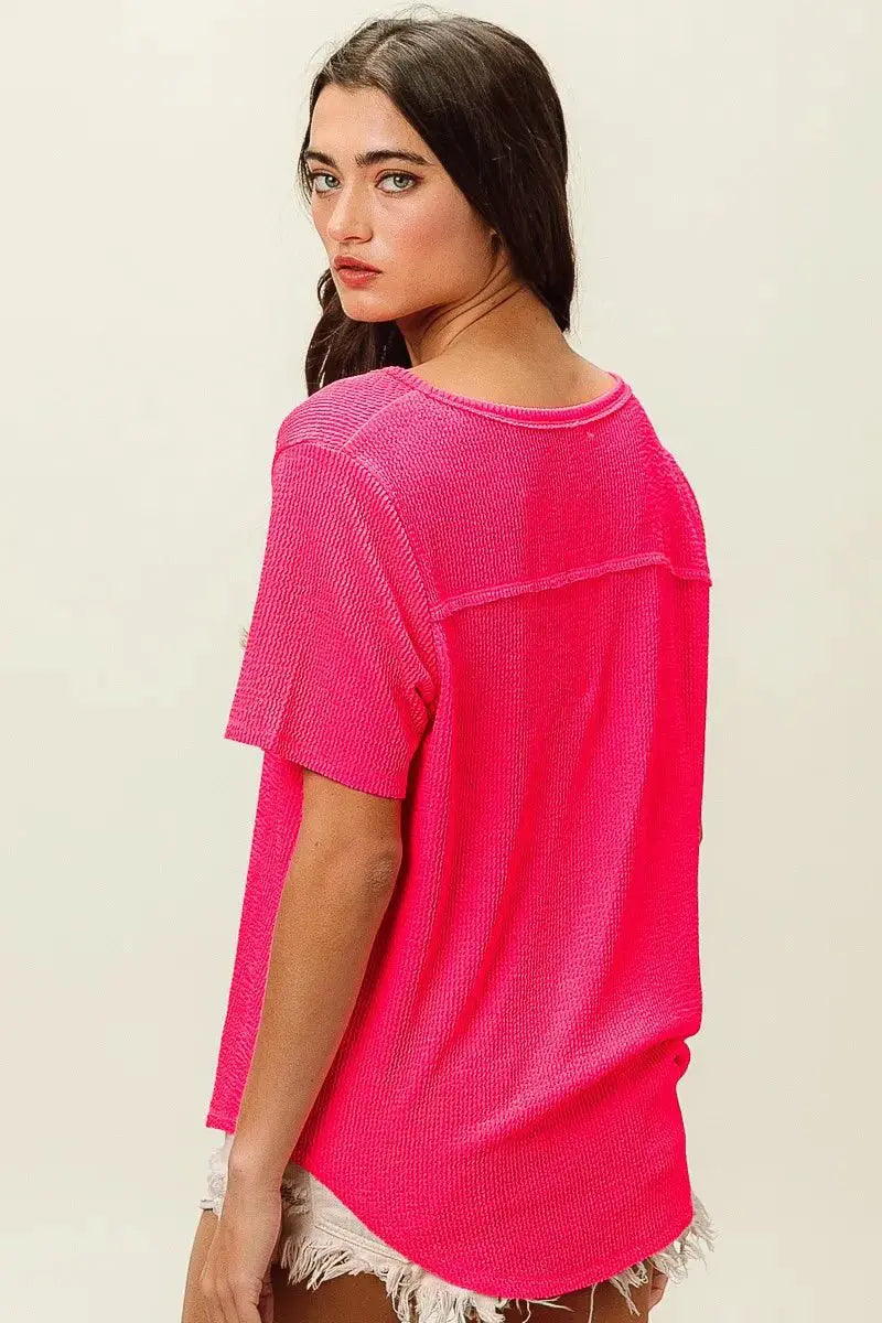 BiBi Waved Rib U Neck Top With Front Pocket by Trendsi