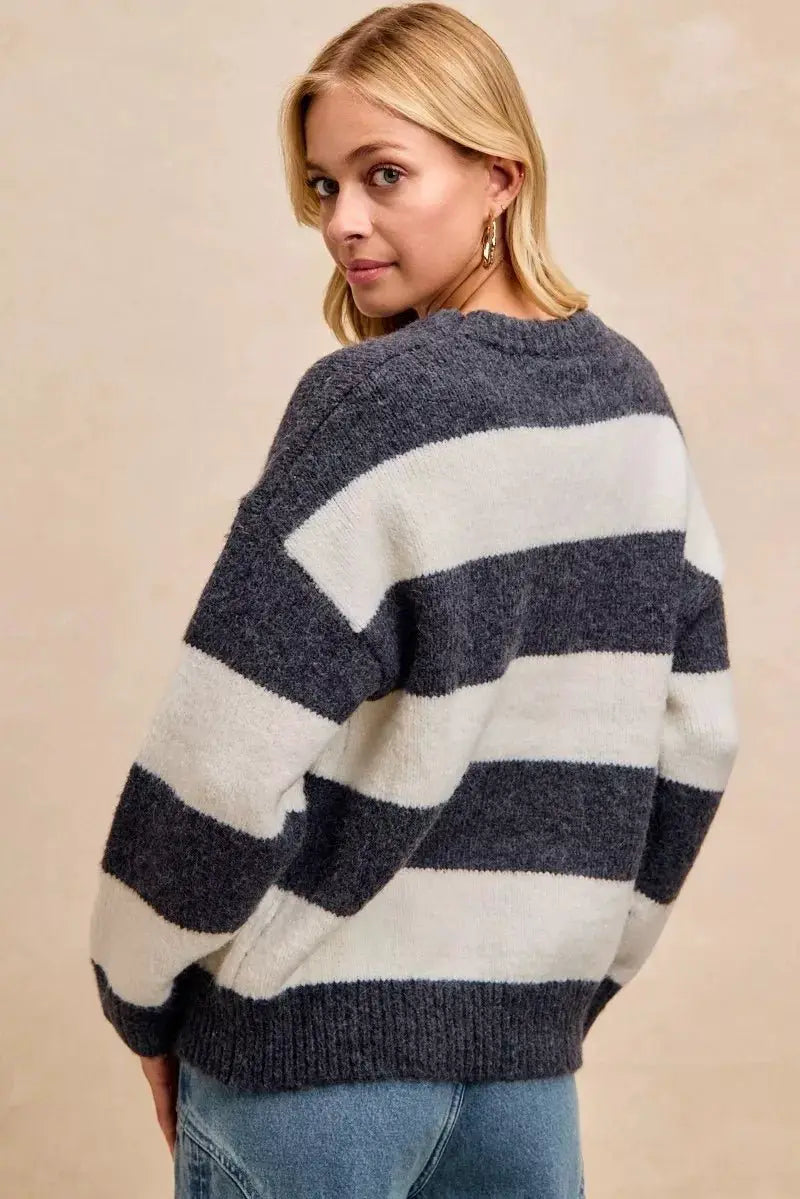BiBi Wide Stripe Fuzzy Knit Round Neck Sweater by Trendsi