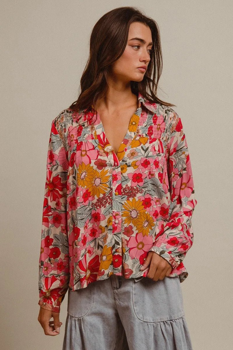 BiBi Woven Floral Printed Shirt Top - Bitsy Gypsy Boutique