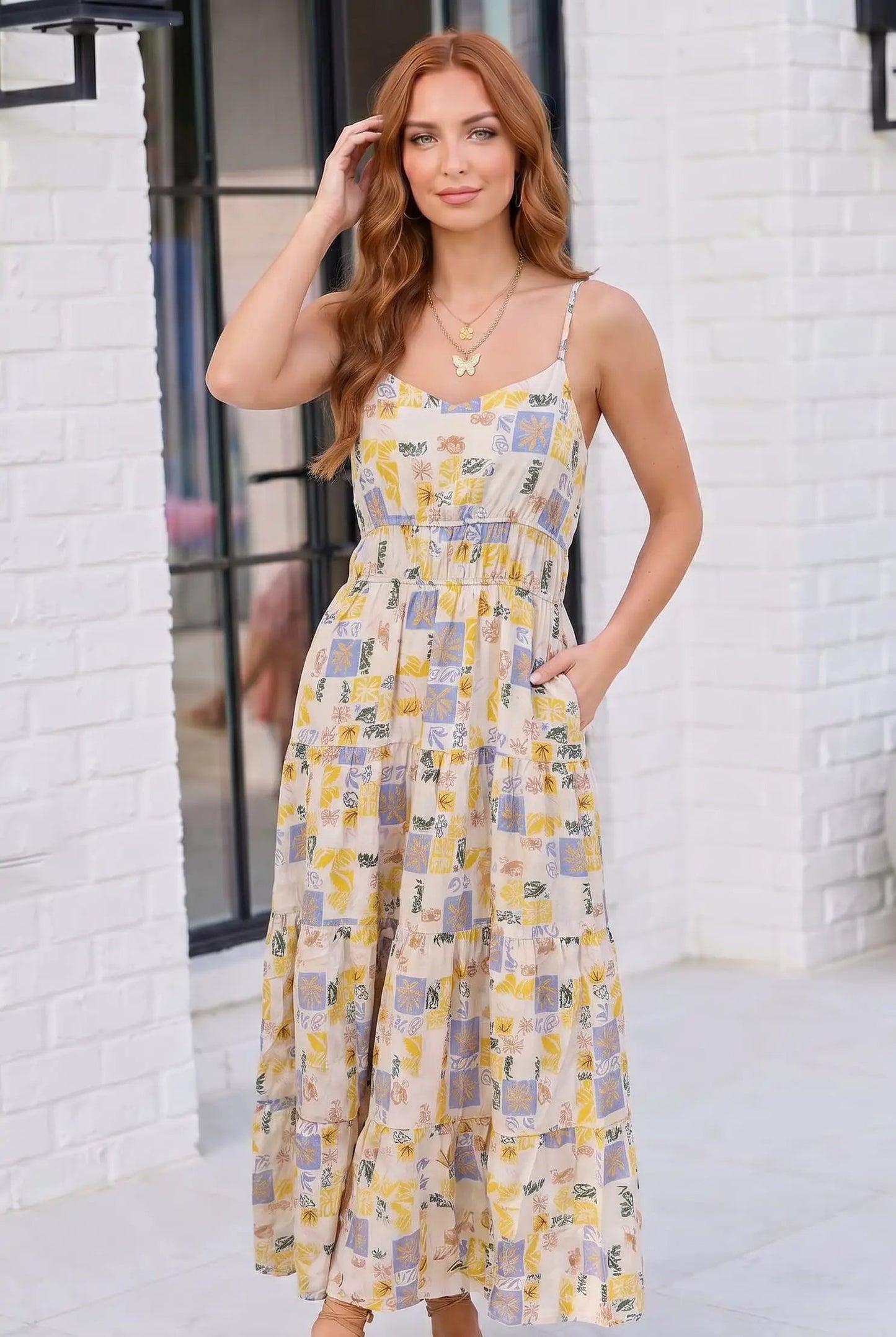 Patchwork Print Tiered Spaghetti Strap Maxi Dress by Gilli
