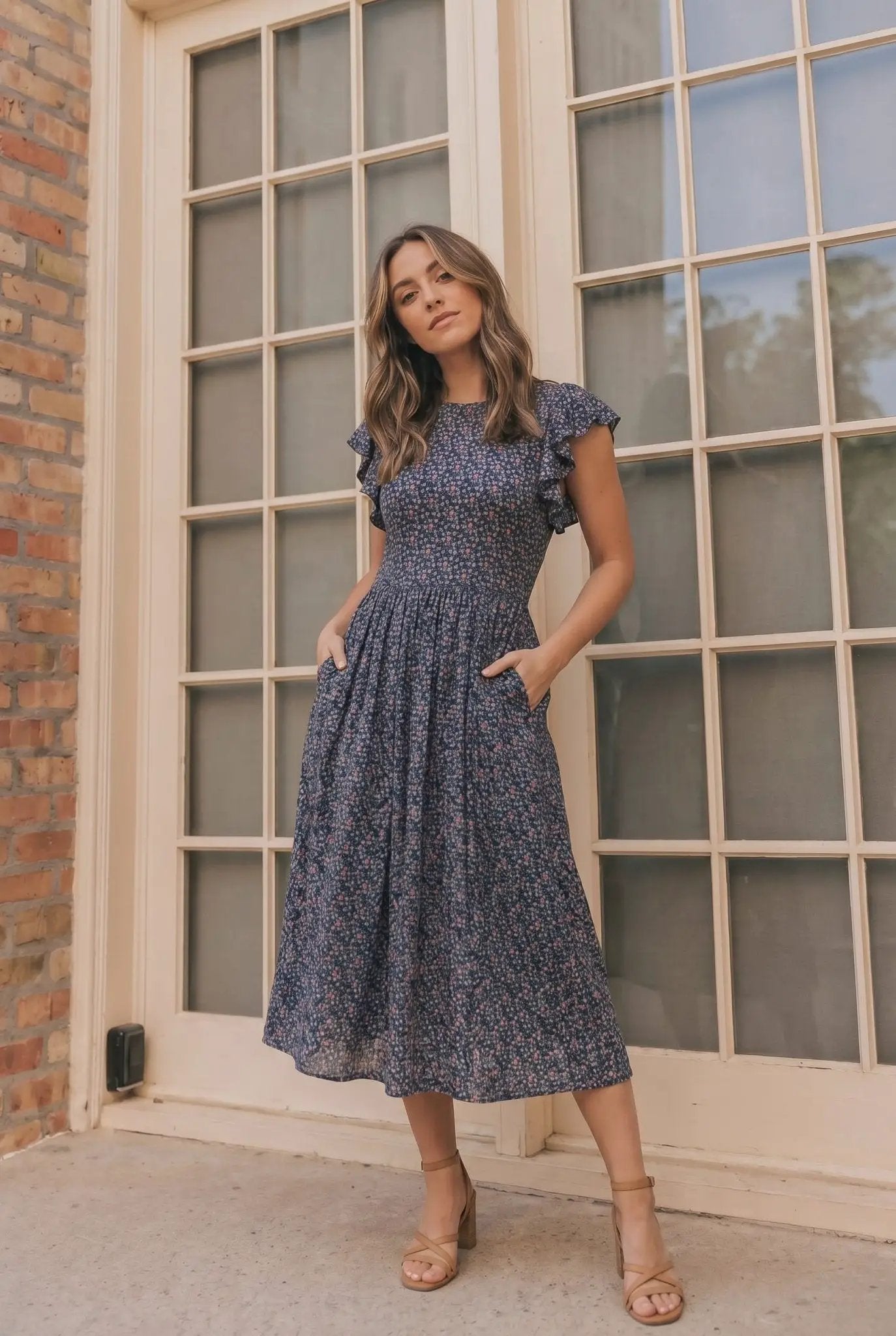 Black Floral Flutter Sleeve Midi Dress by Haptics