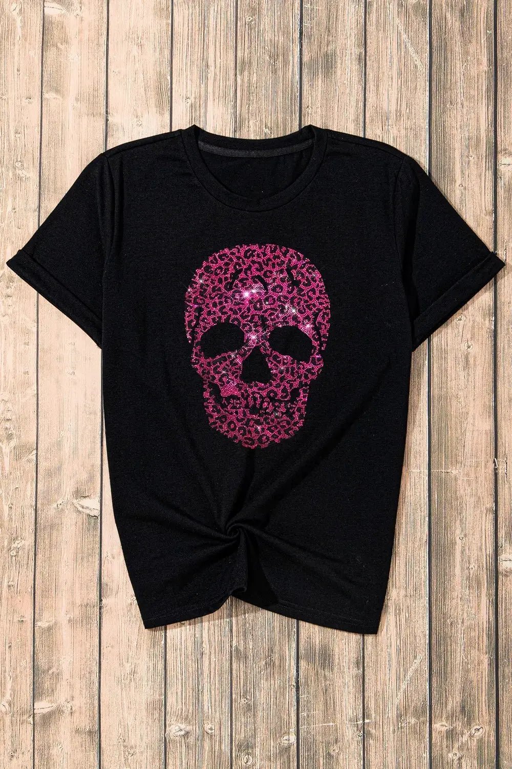 Black Rhinestone Leopard Skull Crew Neck Tee - Bitsy Gypsy Boutique