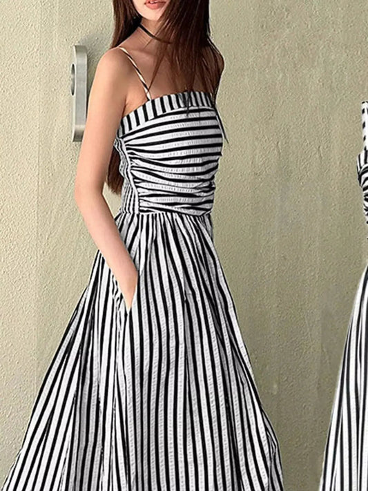 Black Striped Ruched Spaghetti Strap Maxi Dress - Bitsy Gypsy Boutique